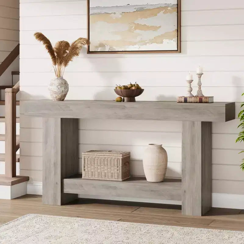 Entryway Console Table, Farmhouse 2-Tier Entryway Table, Long Sofa Accent Table Behind Couch Table with Open Storage for Entrance, Living Room, 63