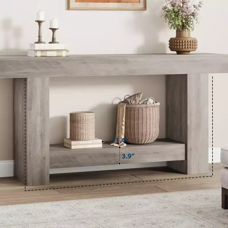 Entryway Console Table, Farmhouse 2-Tier Entryway Table, Long Sofa Accent Table Behind Couch Table with Open Storage for Entrance, Living Room, 63