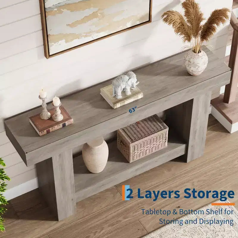 Entryway Console Table, Farmhouse 2-Tier Entryway Table, Long Sofa Accent Table Behind Couch Table with Open Storage for Entrance, Living Room, 63