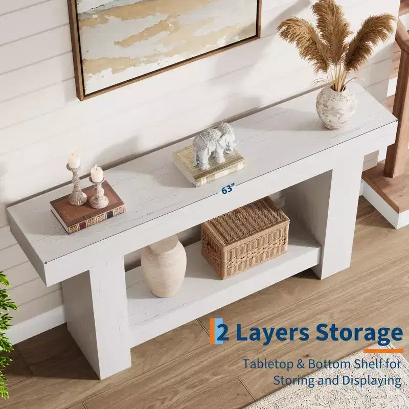 Entryway Console Table, Farmhouse 2-Tier Entryway Table, Long Sofa Accent Table Behind Couch Table with Open Storage for Entrance, Living Room, 63