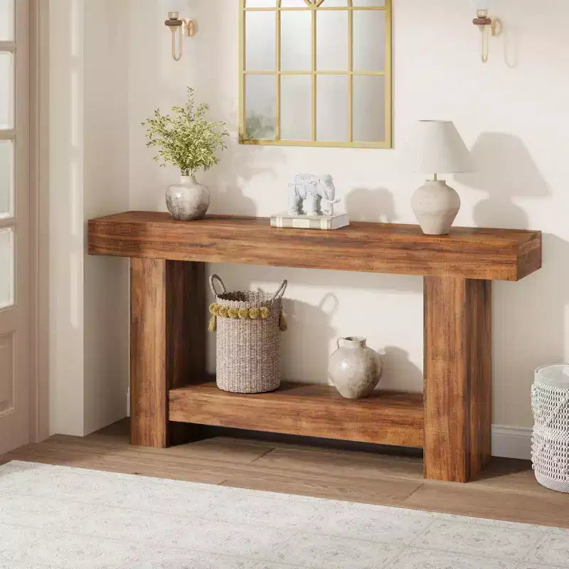 Entryway Console Table, Farmhouse 2-Tier Entryway Table, Long Sofa Accent Table Behind Couch Table with Open Storage for Entrance, Living Room, 63