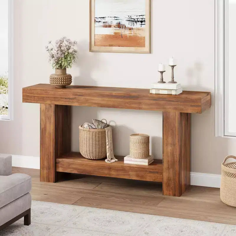 Entryway Console Table, Farmhouse 2-Tier Entryway Table, Long Sofa Accent Table Behind Couch Table with Open Storage for Entrance, Living Room, 63