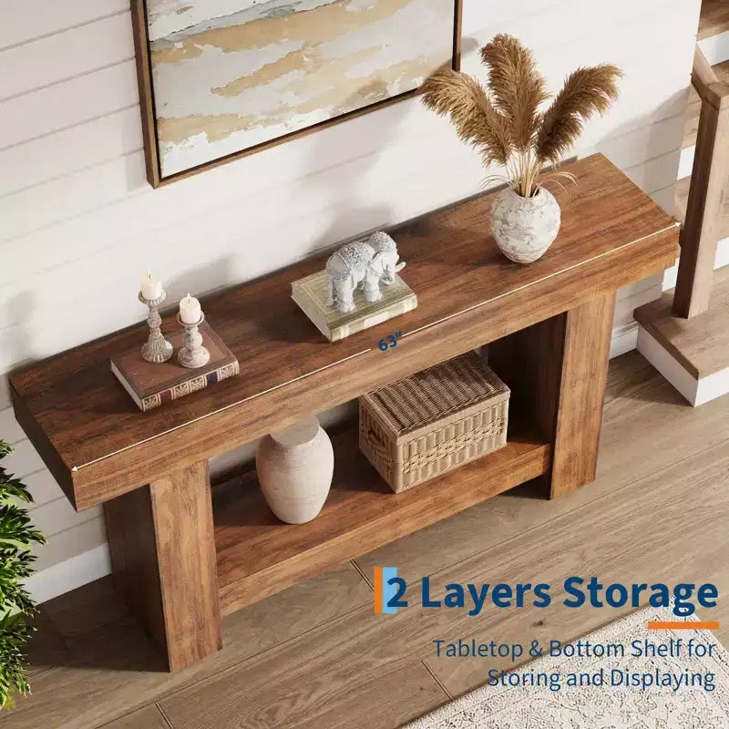 Entryway Console Table, Farmhouse 2-Tier Entryway Table, Long Sofa Accent Table Behind Couch Table with Open Storage for Entrance, Living Room, 63