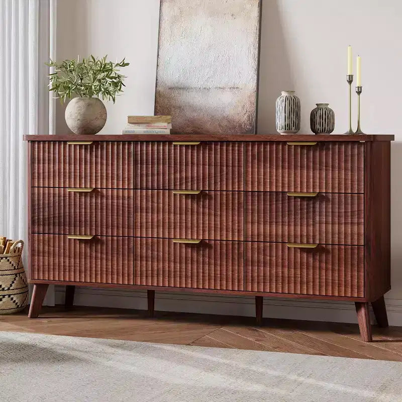 9 Drawers Dresser for Bedroom, 60.6 Wide Dressers with Curved Profile Design, Fluted Wood Drawers, Modern Chest of Dressersfor Living Room