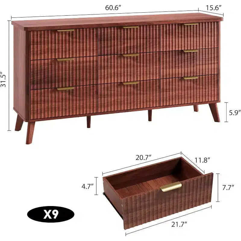 9 Drawers Dresser for Bedroom, 60.6 Wide Dressers with Curved Profile Design, Fluted Wood Drawers, Modern Chest of Dressersfor Living Room