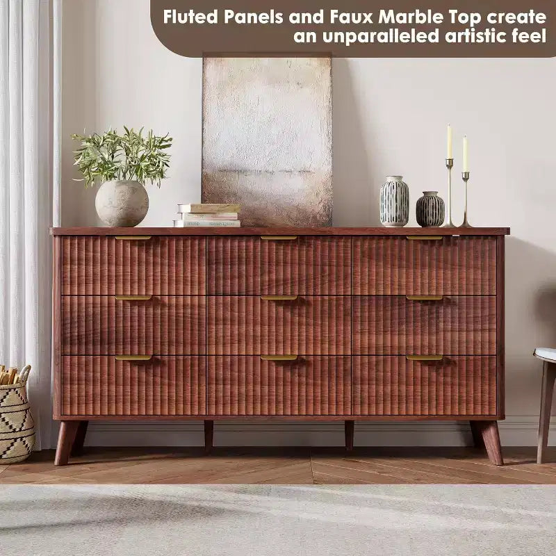 9 Drawers Dresser for Bedroom, 60.6 Wide Dressers with Curved Profile Design, Fluted Wood Drawers, Modern Chest of Dressersfor Living Room