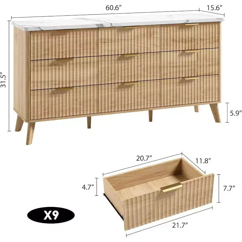 9 Drawers Dresser for Bedroom, 60.6 Wide Dressers with Curved Profile Design, Fluted Wood Drawers, Modern Chest of Dressersfor Living Room