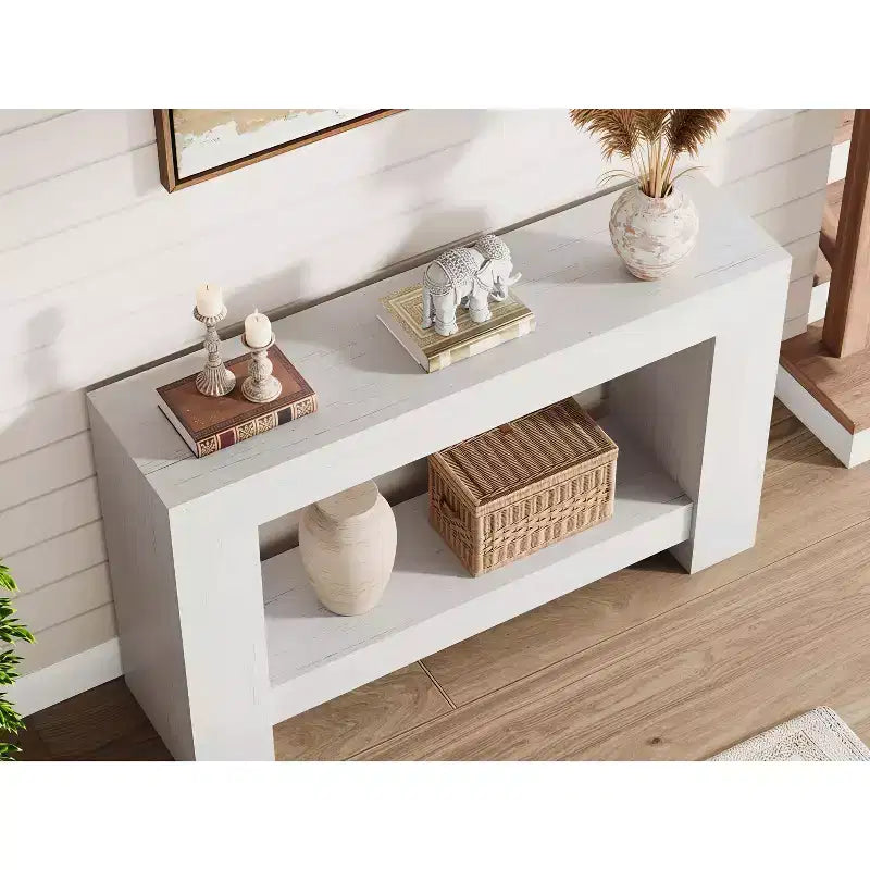 Farmhouse Console Table with Solid Base, 47 2-Tier Sofa Table for Entryway or Living Room, Rustic Wood Grain Accent Table - White