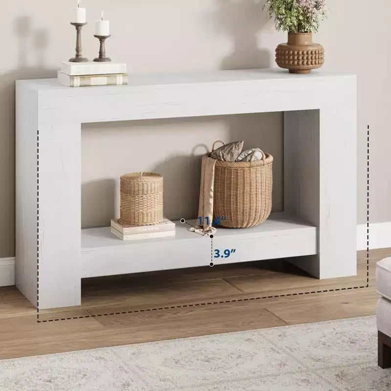 Farmhouse Console Table with Solid Base, 47 2-Tier Sofa Table for Entryway or Living Room, Rustic Wood Grain Accent Table - White
