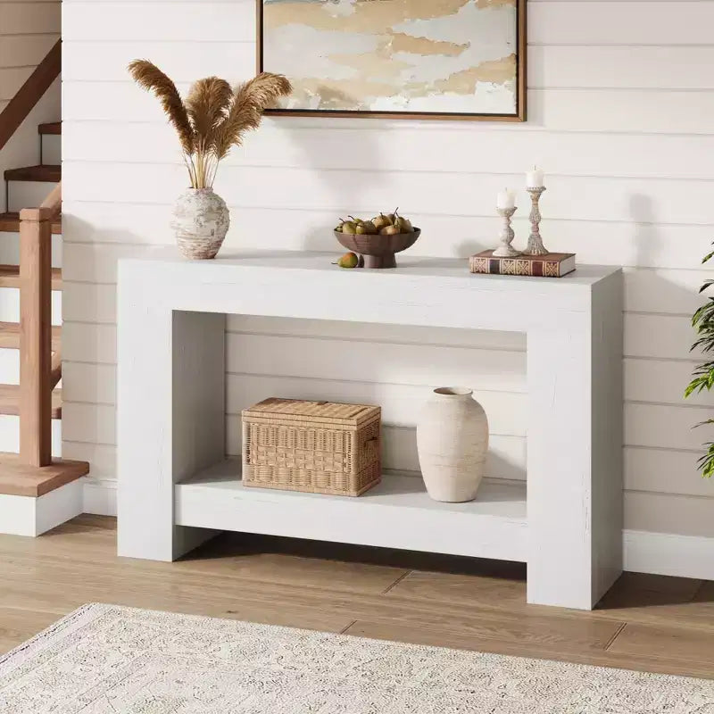 Farmhouse Console Table with Solid Base, 47 2-Tier Sofa Table for Entryway or Living Room, Rustic Wood Grain Accent Table - White