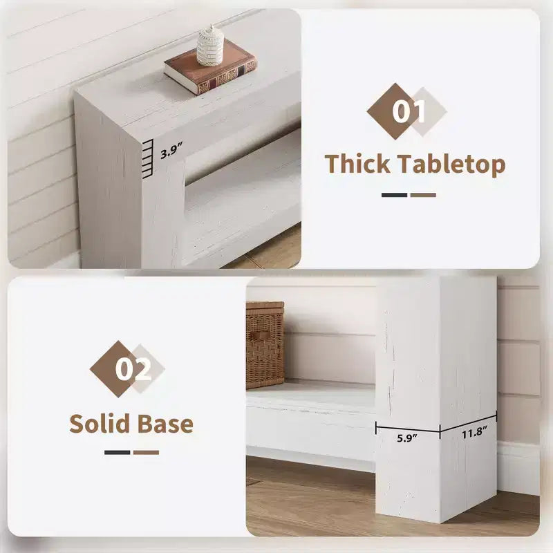 Farmhouse Console Table with Solid Base, 47 2-Tier Sofa Table for Entryway or Living Room, Rustic Wood Grain Accent Table - White