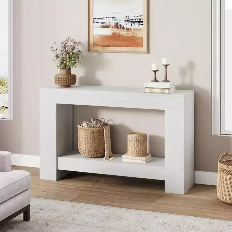Farmhouse Console Table with Solid Base, 47 2-Tier Sofa Table for Entryway or Living Room, Rustic Wood Grain Accent Table - White