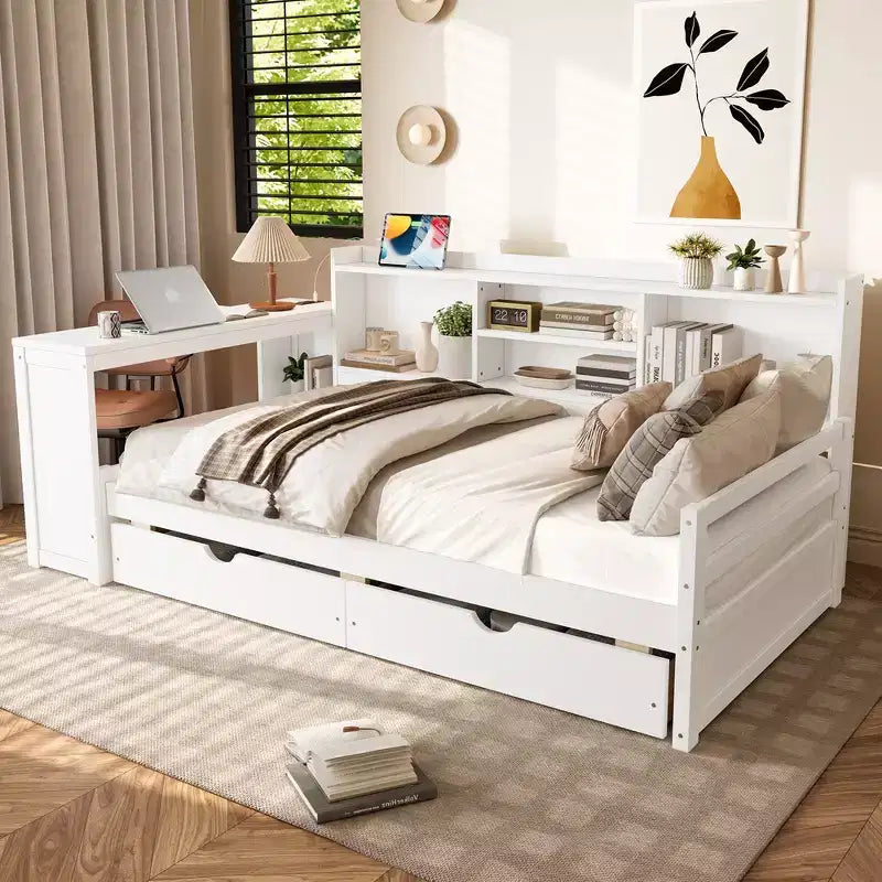 Whisen Twin Size Corner Daybed Frame with Storage Drawers & Desk & Bookcase