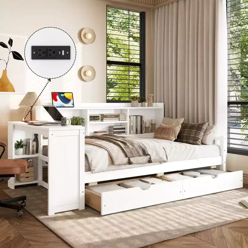 Whisen Twin Size Corner Daybed Frame with Storage Drawers & Desk & Bookcase