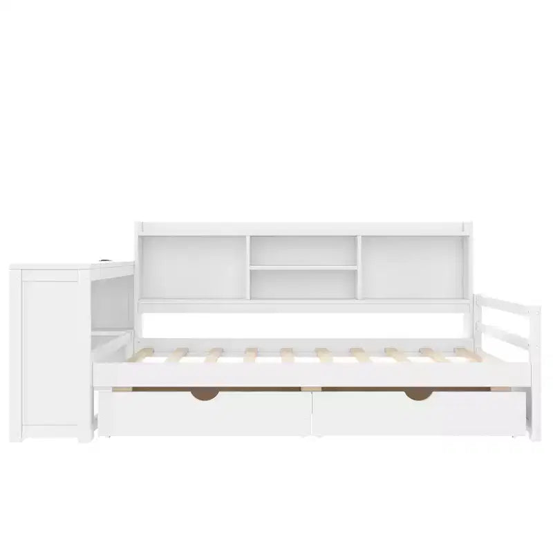 Whisen Twin Size Corner Daybed Frame with Storage Drawers & Desk & Bookcase