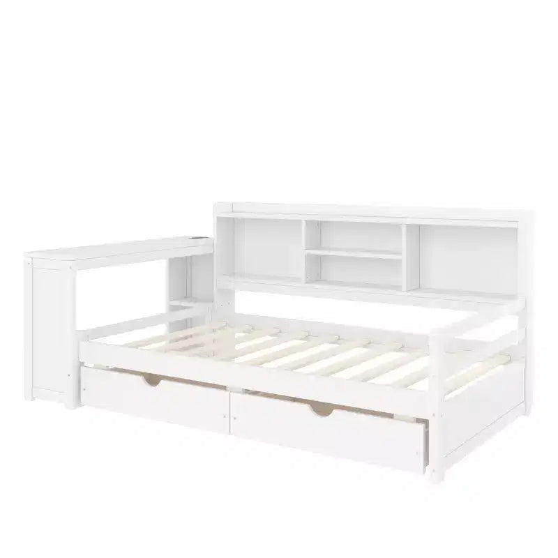 Whisen Twin Size Corner Daybed Frame with Storage Drawers & Desk & Bookcase