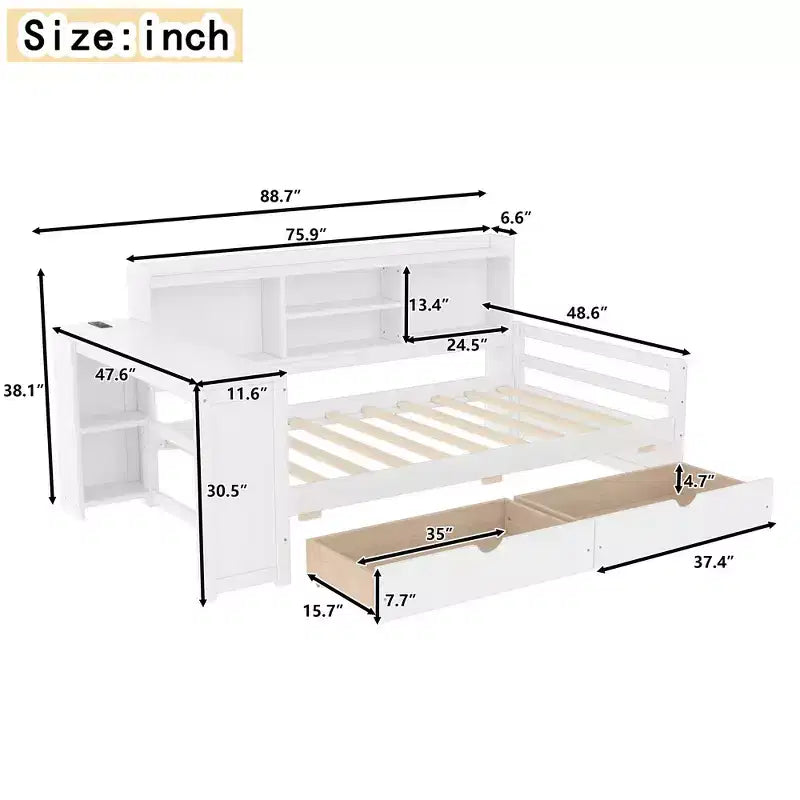 Whisen Twin Size Corner Daybed Frame with Storage Drawers & Desk & Bookcase