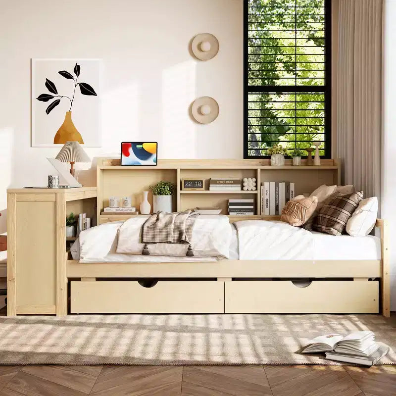 Whisen Twin Size Corner Daybed Frame with Storage Drawers & Desk & Bookcase