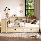 Whisen Twin Size Corner Daybed Frame with Storage Drawers & Desk & Bookcase