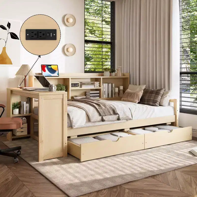 Whisen Twin Size Corner Daybed Frame with Storage Drawers & Desk & Bookcase