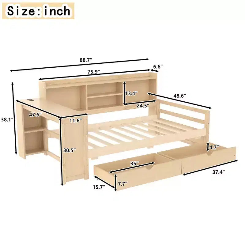Whisen Twin Size Corner Daybed Frame with Storage Drawers & Desk & Bookcase