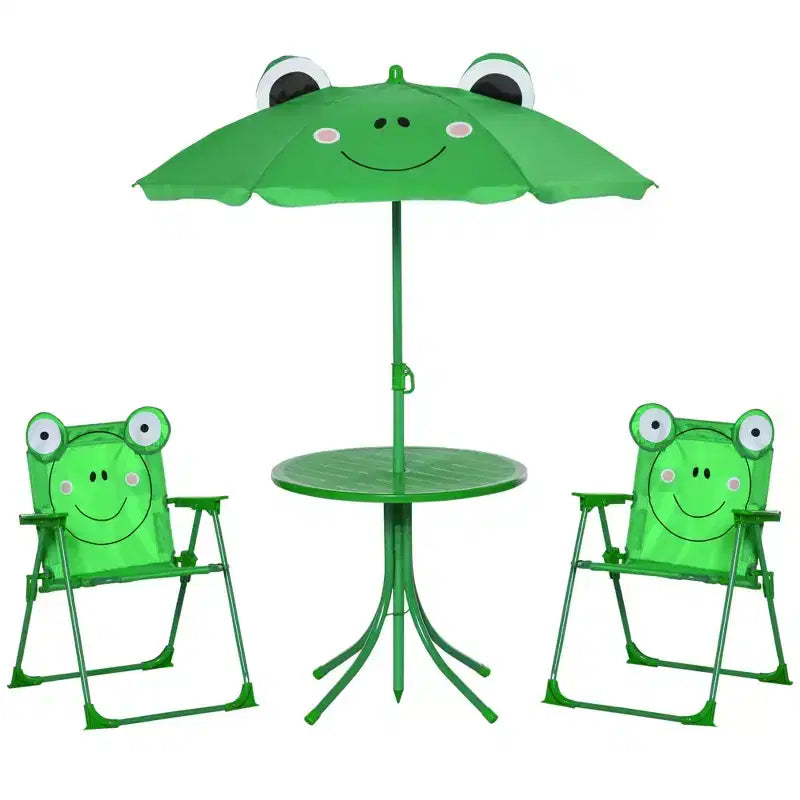 Folding Kids Table and Chair Set, Picnic Table with Frog Pattern Removable & Height Adjustable Sun Umbrella for Garden, Backyard, Green