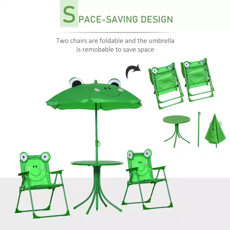 Folding Kids Table and Chair Set, Picnic Table with Frog Pattern Removable & Height Adjustable Sun Umbrella for Garden, Backyard, Green