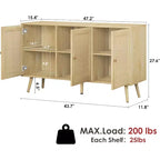 47.2 Rattan Sideboard Buffet Cabinet with 3 Doors,Boho Sideboard Buffet Cabinet with Adjustable Shelves, Console Table for Living Room, Dining Room