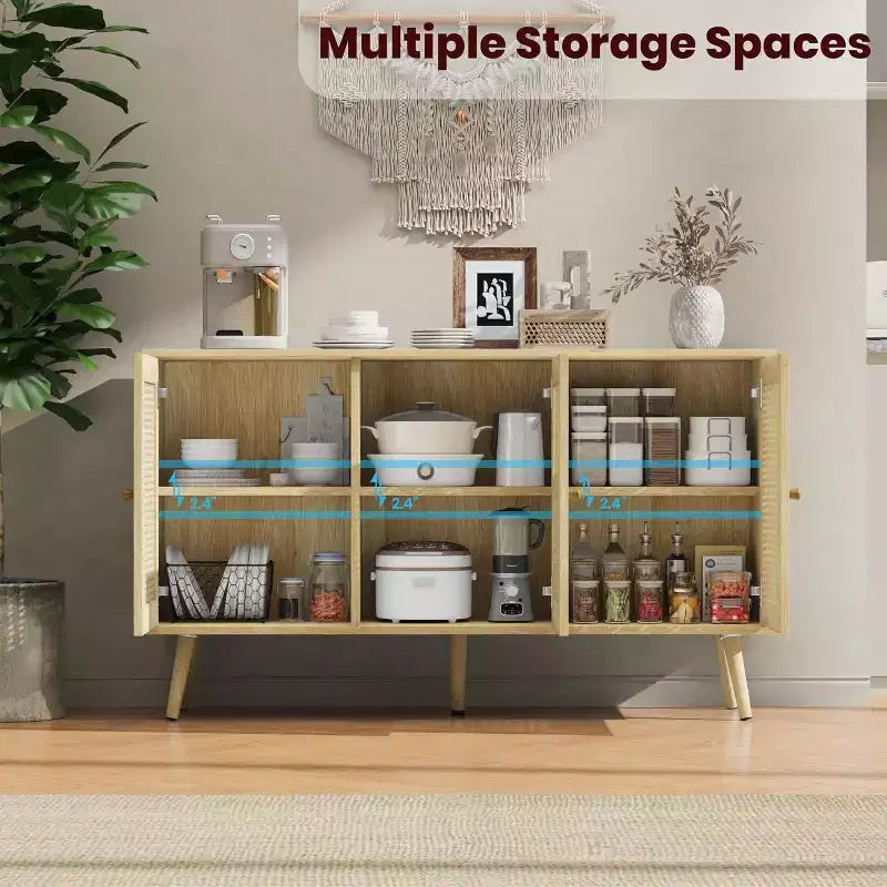 47.2 Rattan Sideboard Buffet Cabinet with 3 Doors,Boho Sideboard Buffet Cabinet with Adjustable Shelves, Console Table for Living Room, Dining Room