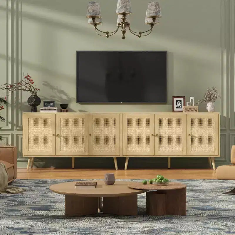 47.2 Rattan Sideboard Buffet Cabinet with 3 Doors,Boho Sideboard Buffet Cabinet with Adjustable Shelves, Console Table for Living Room, Dining Room