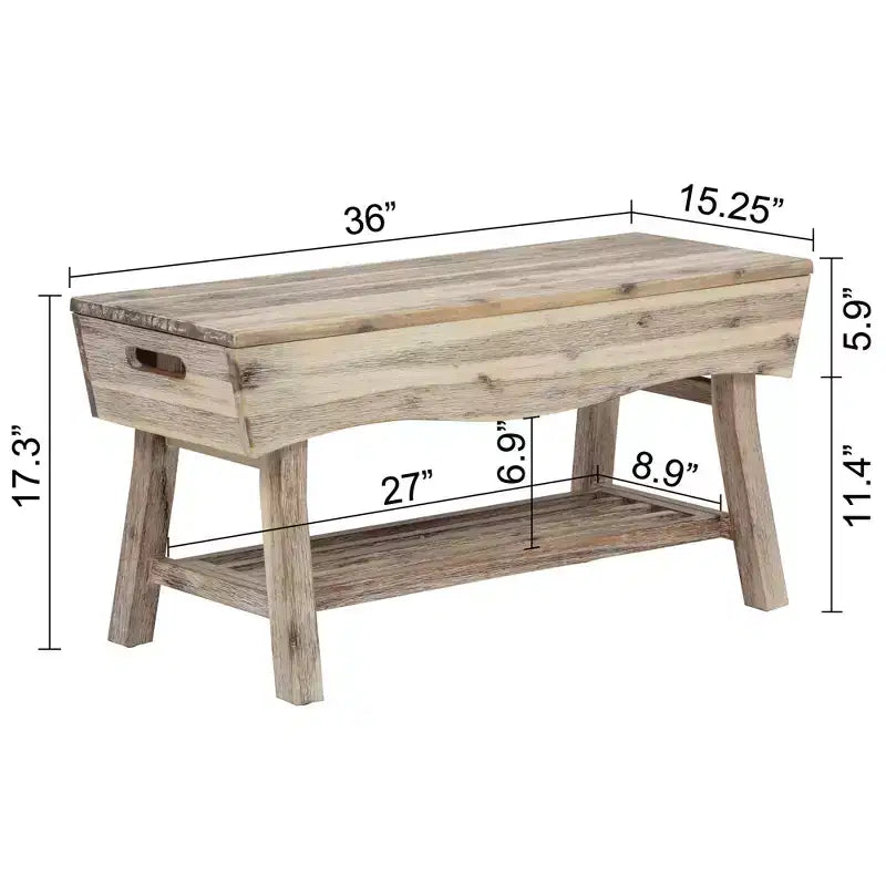 eHemco Solid Hardwood Bench with Storage Shelf and 4 Panels, 36x15.25x17.3 Inches, White Washed Finish