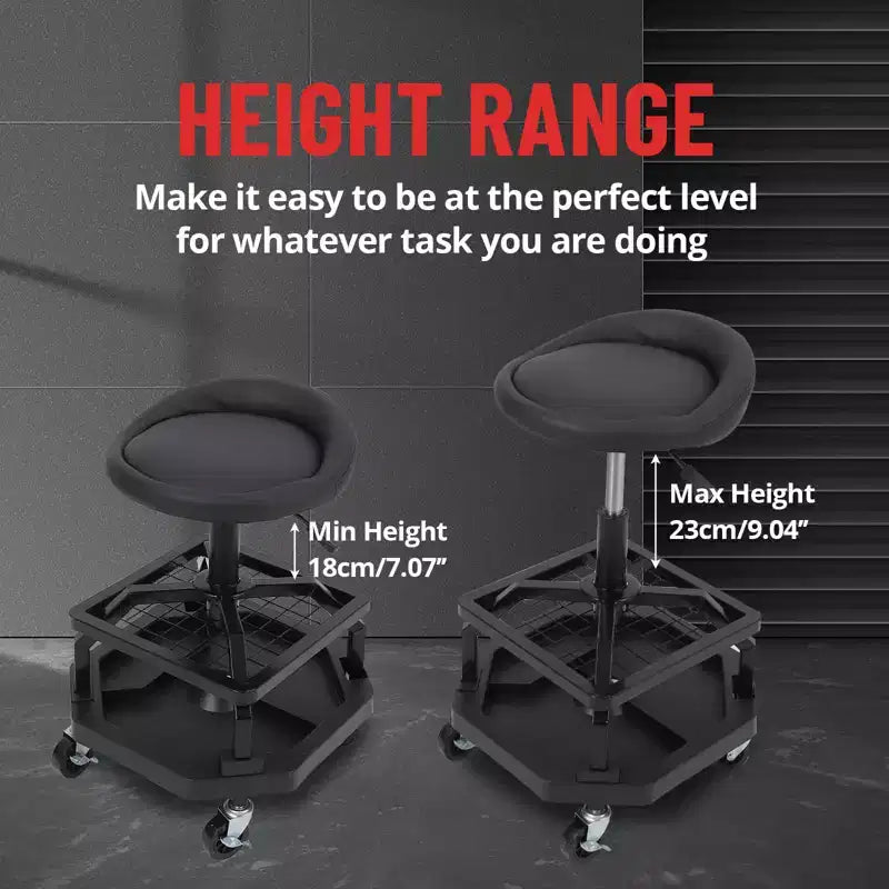 Rolling Garage Stool, Adjustable Height 330LBS Capacity Mechanic Stool, 360 Swivel Wheels Padded Shop Seat, Heavy Duty Work Bench for Workshop