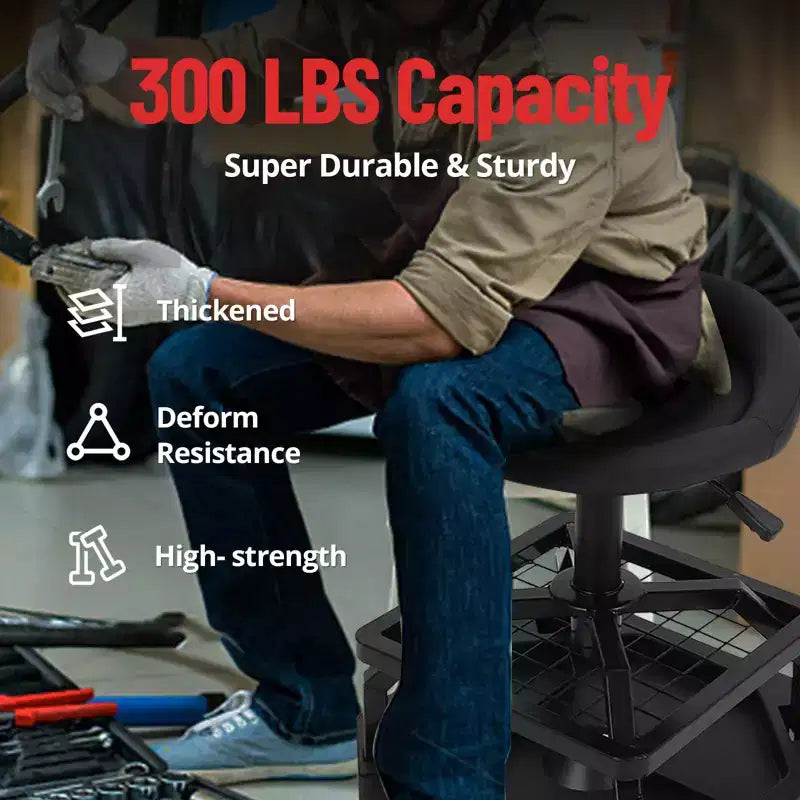 Rolling Garage Stool, Adjustable Height 330LBS Capacity Mechanic Stool, 360 Swivel Wheels Padded Shop Seat, Heavy Duty Work Bench for Workshop