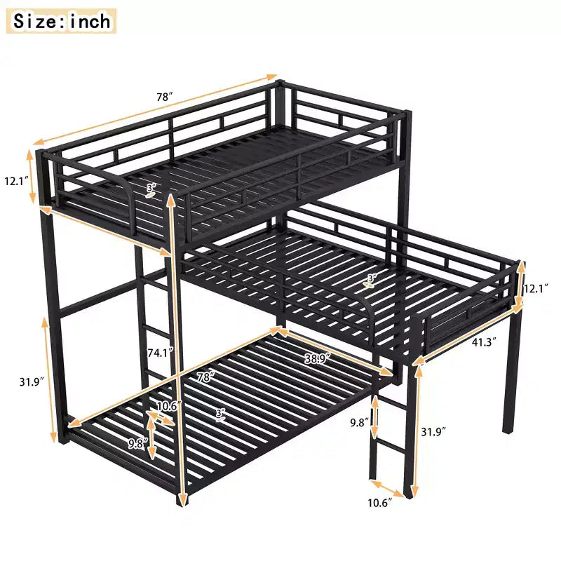 ModernLuxe L-Shaped Triple Twin Metal Bunk Bed, Space-Saving Industrial Triple Decker with Ladders & Full Guardrails, Black