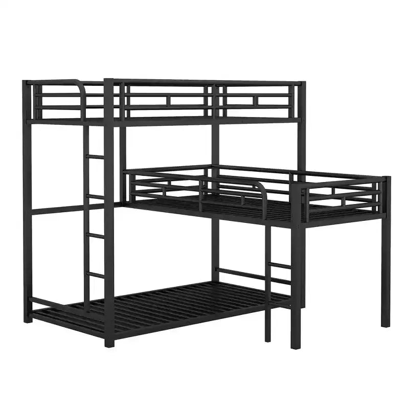 ModernLuxe L-Shaped Triple Twin Metal Bunk Bed, Space-Saving Industrial Triple Decker with Ladders & Full Guardrails, Black