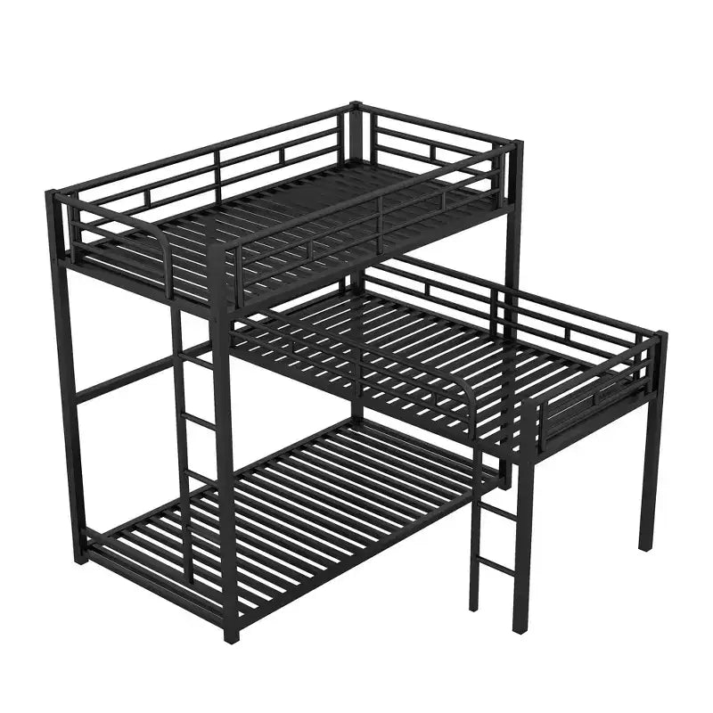 ModernLuxe L-Shaped Triple Twin Metal Bunk Bed, Space-Saving Industrial Triple Decker with Ladders & Full Guardrails, Black
