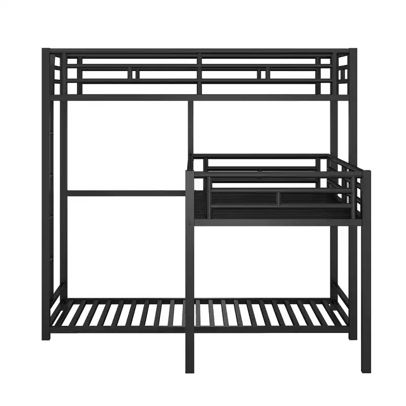 ModernLuxe L-Shaped Triple Twin Metal Bunk Bed, Space-Saving Industrial Triple Decker with Ladders & Full Guardrails, Black