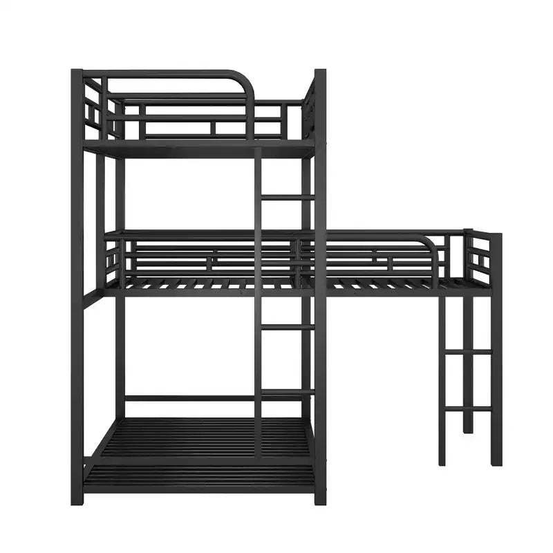 ModernLuxe L-Shaped Triple Twin Metal Bunk Bed, Space-Saving Industrial Triple Decker with Ladders & Full Guardrails, Black