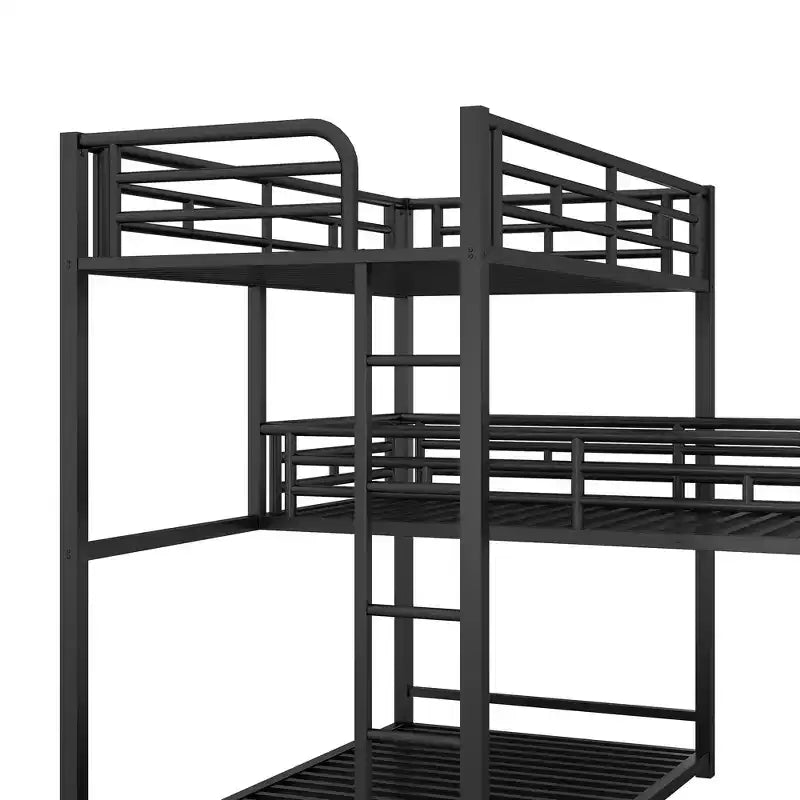ModernLuxe L-Shaped Triple Twin Metal Bunk Bed, Space-Saving Industrial Triple Decker with Ladders & Full Guardrails, Black