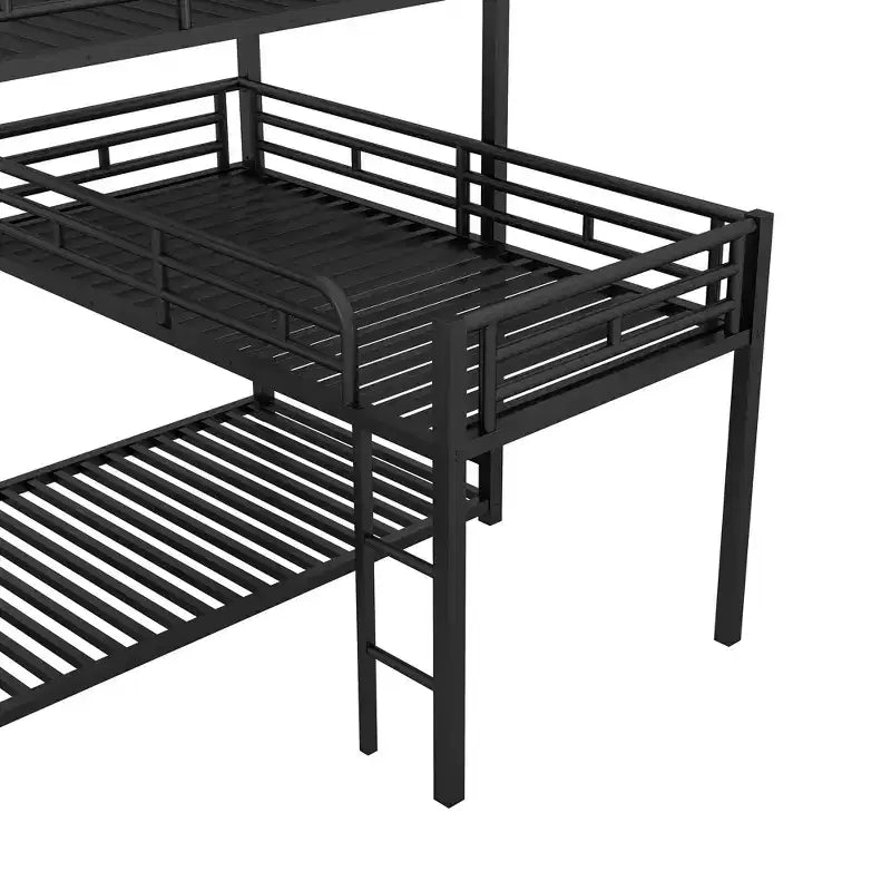 ModernLuxe L-Shaped Triple Twin Metal Bunk Bed, Space-Saving Industrial Triple Decker with Ladders & Full Guardrails, Black