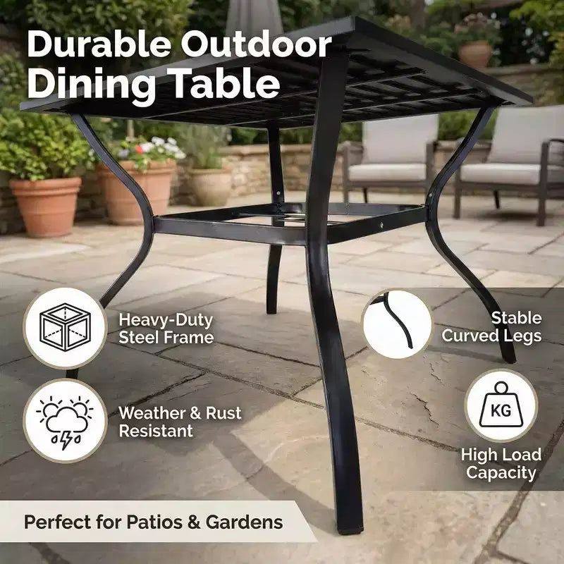 Durable Metal Steel Slat Patio Dining Table  Square Outdoor Bistro Table for Backyard, Garden, and Patio Furniture