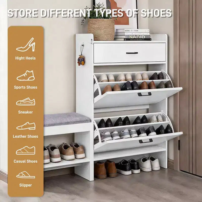 Karl Home 2-Drawer Shoe Cabinet With Flip Top Cushioned Stool 1 Hook 46.1 inches Width