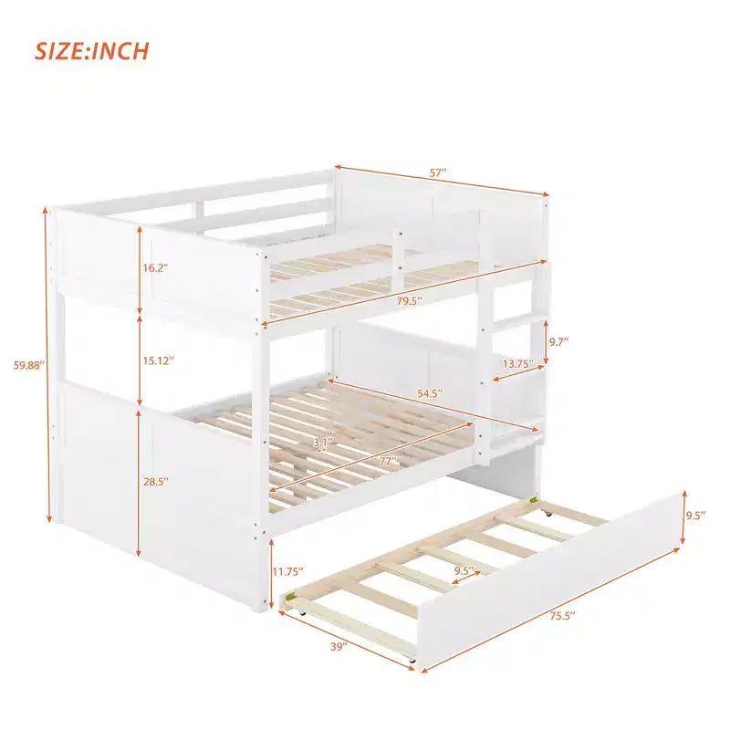 Lit superposé pleine taille FAMYYT avec lit gigogne double, assemblage facile, blanc