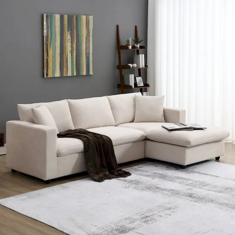 L-shaped Polyester Fabric Couch Set with 2 Free Pillows and Convertible Ottoman