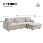 Canapé en tissu polyester en forme de L avec 2 coussins offerts et pouf convertible
