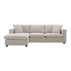 Canapé en tissu polyester en forme de L avec 2 coussins offerts et pouf convertible