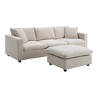 Canapé en tissu polyester en forme de L avec 2 coussins offerts et pouf convertible