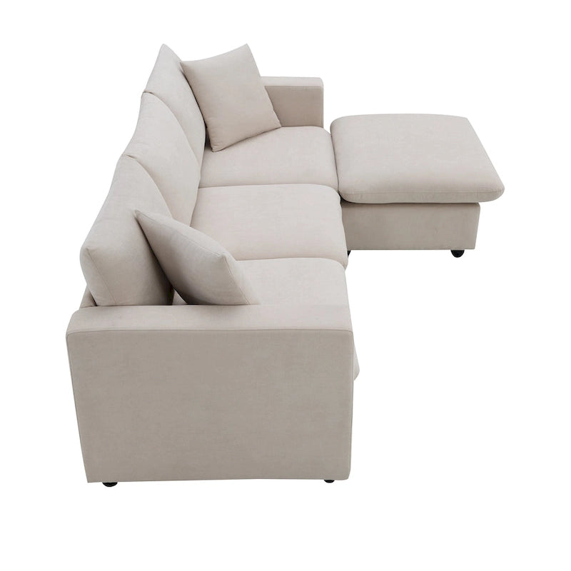 Canapé en tissu polyester en forme de L avec 2 coussins offerts et pouf convertible