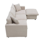 Canapé en tissu polyester en forme de L avec 2 coussins offerts et pouf convertible