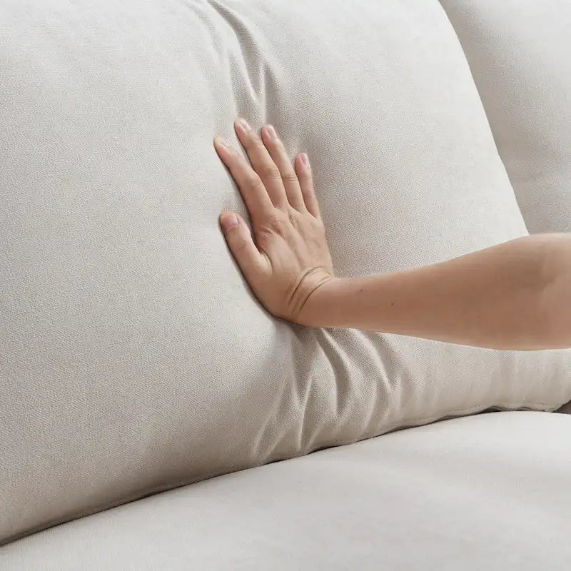 Canapé en tissu polyester en forme de L avec 2 coussins offerts et pouf convertible